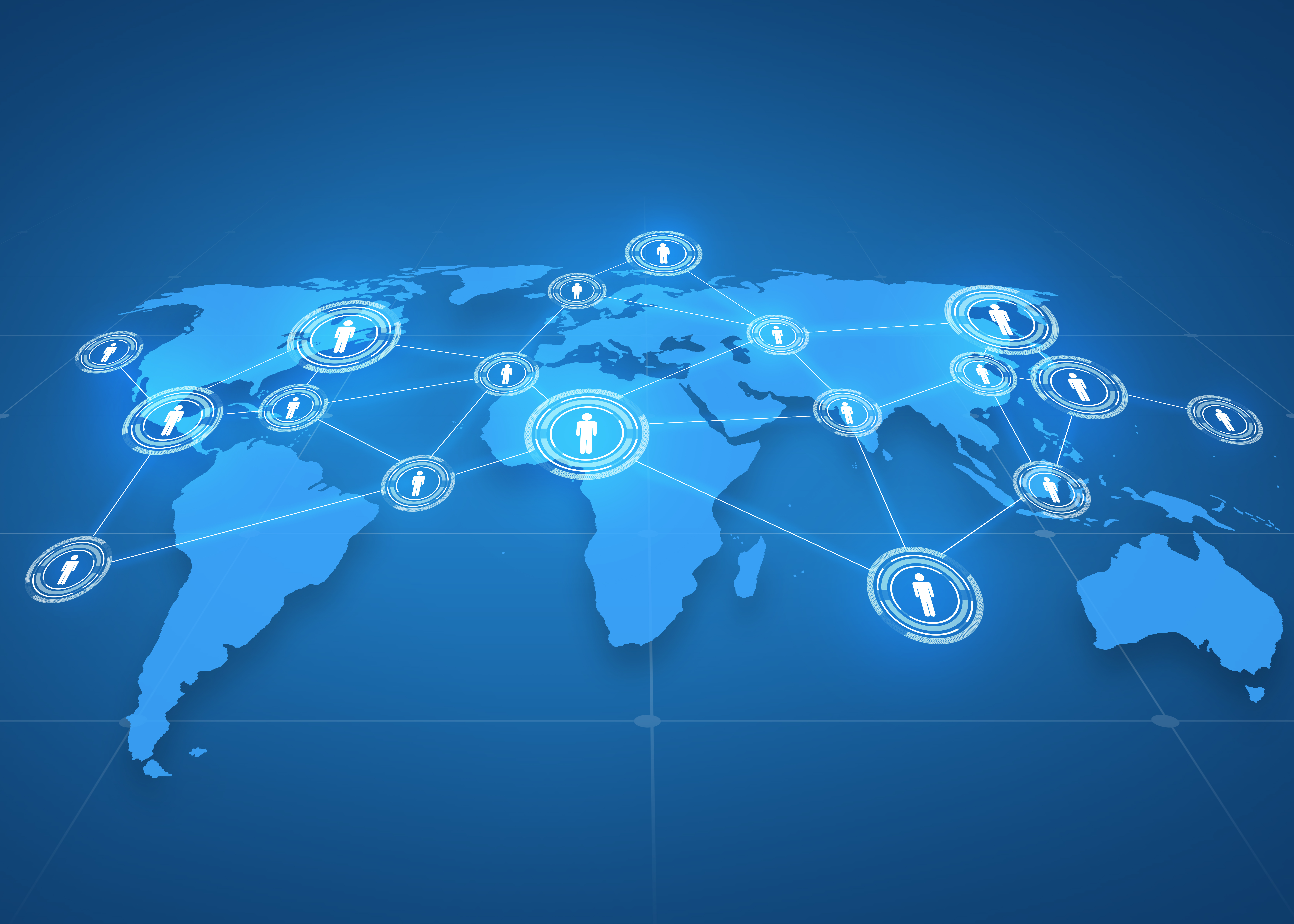 global business, social network, mass media and technology concept - world map projection with people icons over blue background